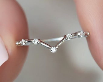 Fede nuziale con diamante con motivo Chevron, diamanti a taglio brillante, gioielli da sposa impilabili