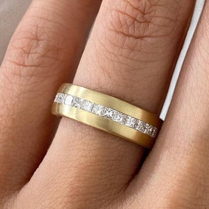 14K Yellow Gold Moissanite Men&#39;s Half Eternity Wedding Band Ring, Round Cut Channel Set Anniversary Gift