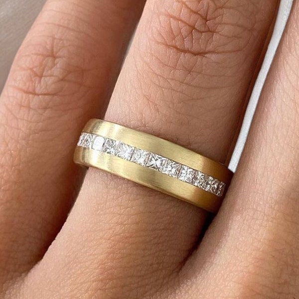 14K Yellow Gold Moissanite Men's Half Eternity Wedding Band Ring, Round Cut Channel Set Anniversary Gift