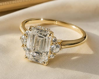 2Ct Emerald Cut Moissanite Engagement Ring in 14k Solid Yellow Gold
