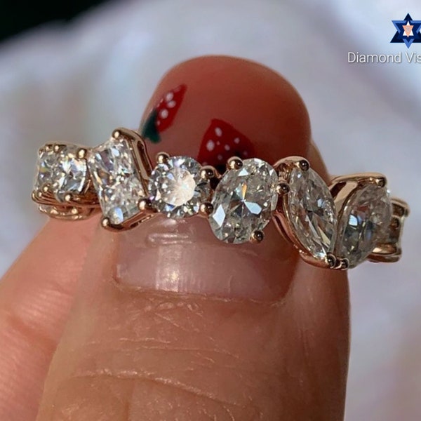 Multi Shaped moissanite Eternity Band, 14k gold Mix Cut Multi Shape Diamond Cluster Ring Unique Pear Emerald cushion Cut Ring, Gift For Her