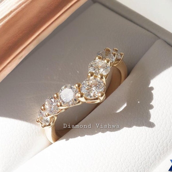 Round Cut Moissanite Vintage Yellow Gold Curved Wedding Band – Cluster Stacking Promise Ring for Women and her