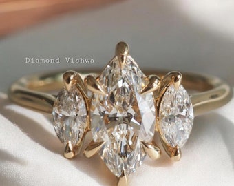 1.5Ct Marquise Moissanite Engagement Ring in 14k Yellow Gold Three Stone Setting