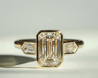 Luxurious Three Stone Moissanite Ring - Emerald & Bullet Cut Diamonds with Bezel Setting, Perfect Engagement or Anniversary Present