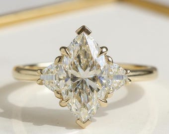 2.60Ct Marquise Cut Moissanite Three Stone Engagement Ring with Trapezoid Side Stones in 14k Gold