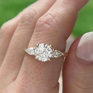 2Ct Round Moissanite Engagement Ring, Pear Side Stones, 14k Yellow Gold