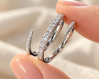 Open Wrap Moissanite Wedding Band, White Gold Pavé Diamond Ring, Curved Bridal Jewelry