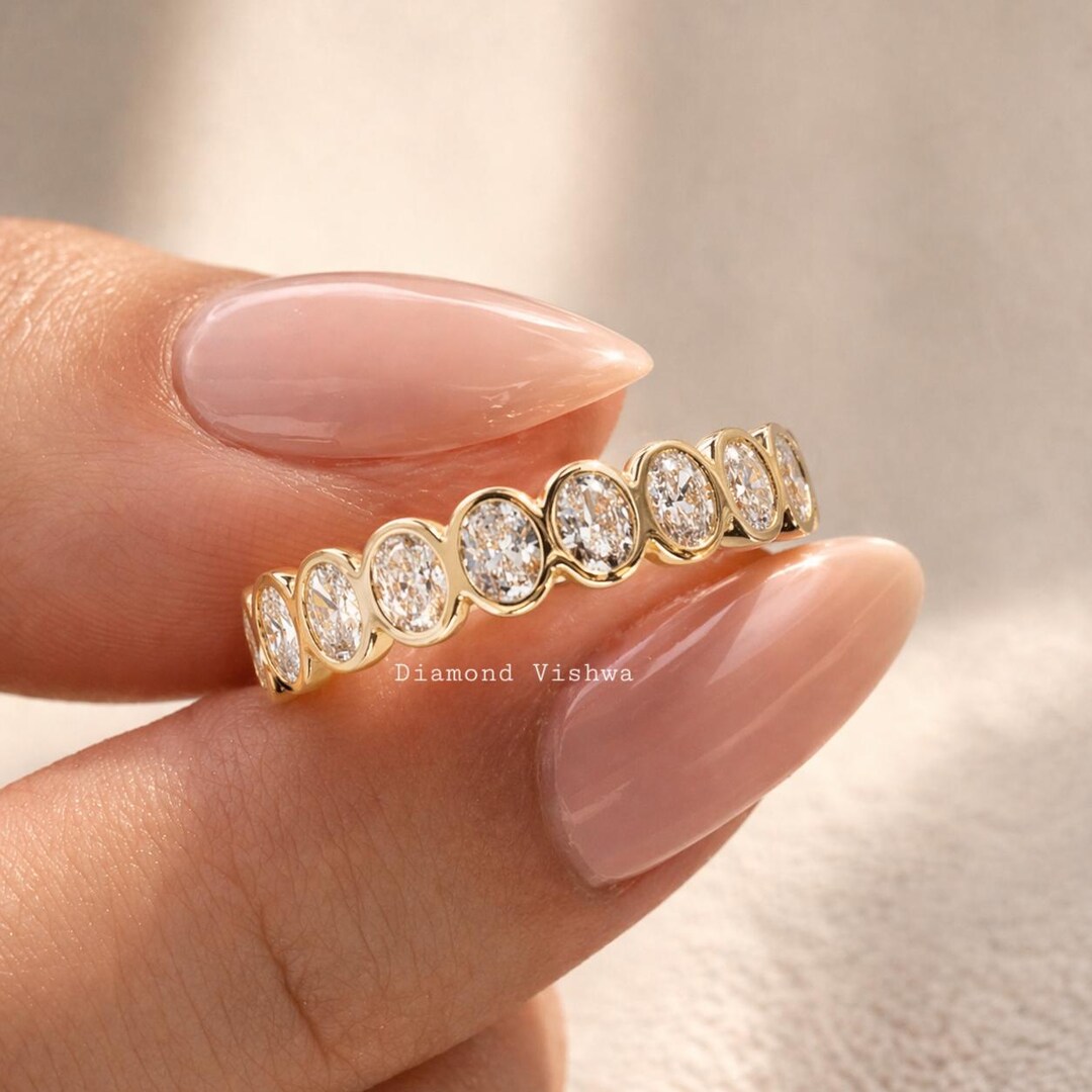 2TCW Oval Moissanite Wedding Band Ring, Half Eternity Bezel Set Band ...