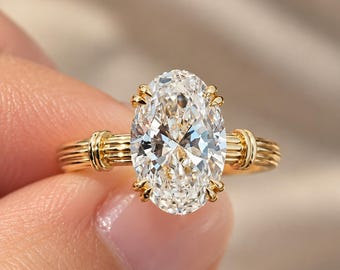2.5 CT Oval Lab Grown Diamond Engagement Ring, 14K Yellow Gold Ribbed Band Solitaire Ring, Double Claw Prong, Vintage Inspired Bridal Ring