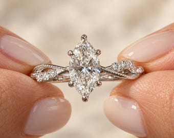 2 CT Marquise Lab Grown Diamond Engagement Ring, Twisted Diamond Band, 14K White Gold Unique Bridal Ring