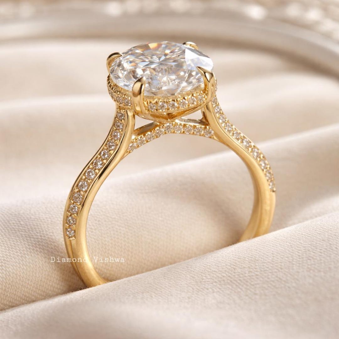 5ct Oval Cut Moissanite Engagement Ring Hidden Halo in 14k Yellow Gold ...