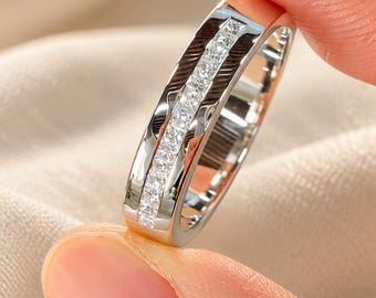 Princess Cut Lab Grown Diamond Wedding Band, Wide Channel Set Men's Ring, White Gold Diamond Wedding Ring, Modern Anniversary Band