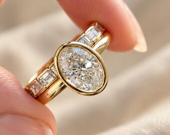 2 CT Oval Lab Grown Diamond Engagement Ring, Bezel Set Solitaire Ring, Yellow Gold Oval Diamond Ring, Modern Bridal Ring