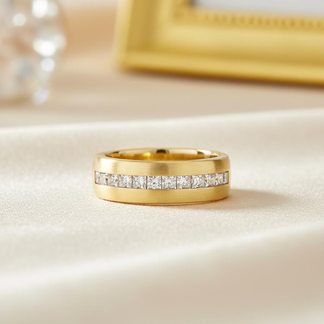 Men’s 14k Yellow Gold Moissanite Wedding Band Princess Cut Eternity ...