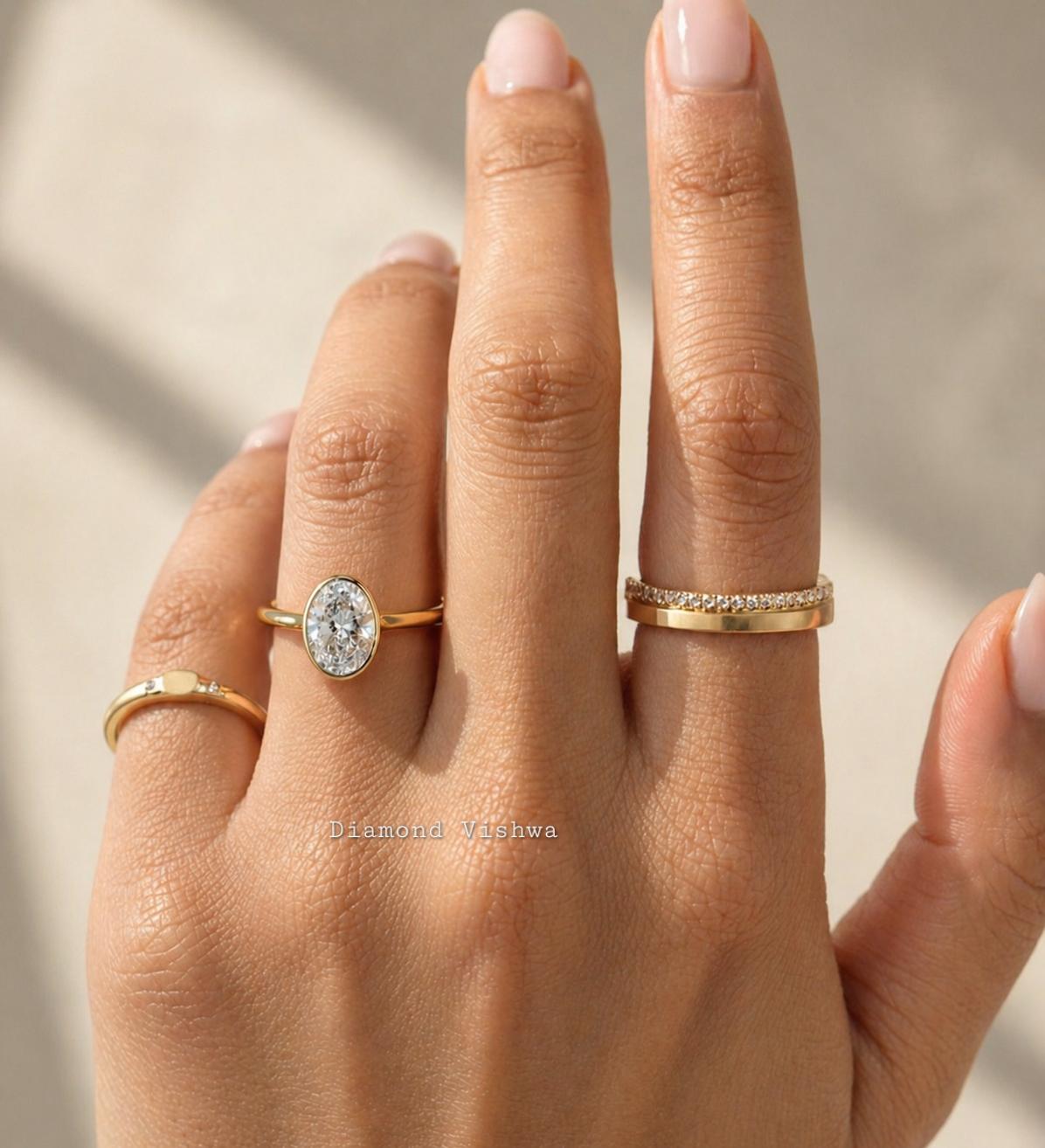 2ct Oval Cut Moissanite Engagement Ring Full Bezel Setting in 14k ...