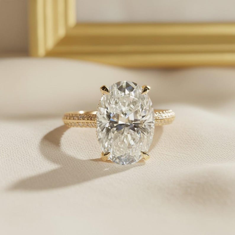 5ct Oval Cut Moissanite Engagement Ring Hidden Halo in 14k Yellow Gold ...