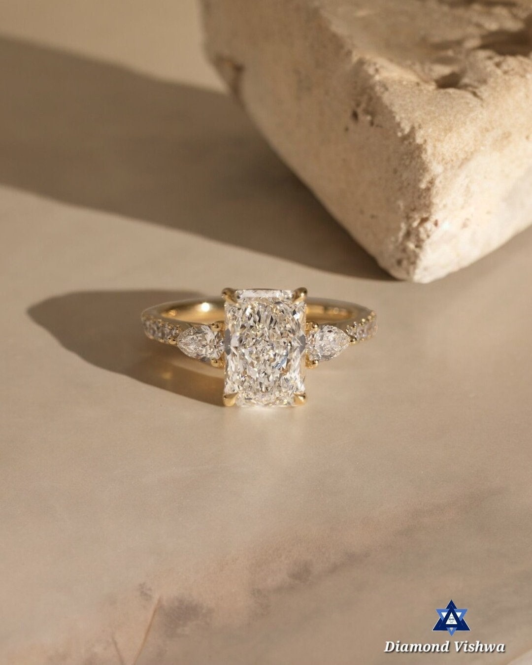 Stunning Radiant Cut Moissanite Three Stone Ring, Pave Band in Solid 14K Yellow Gold, Radiant Trilogy with Pear Side Stone