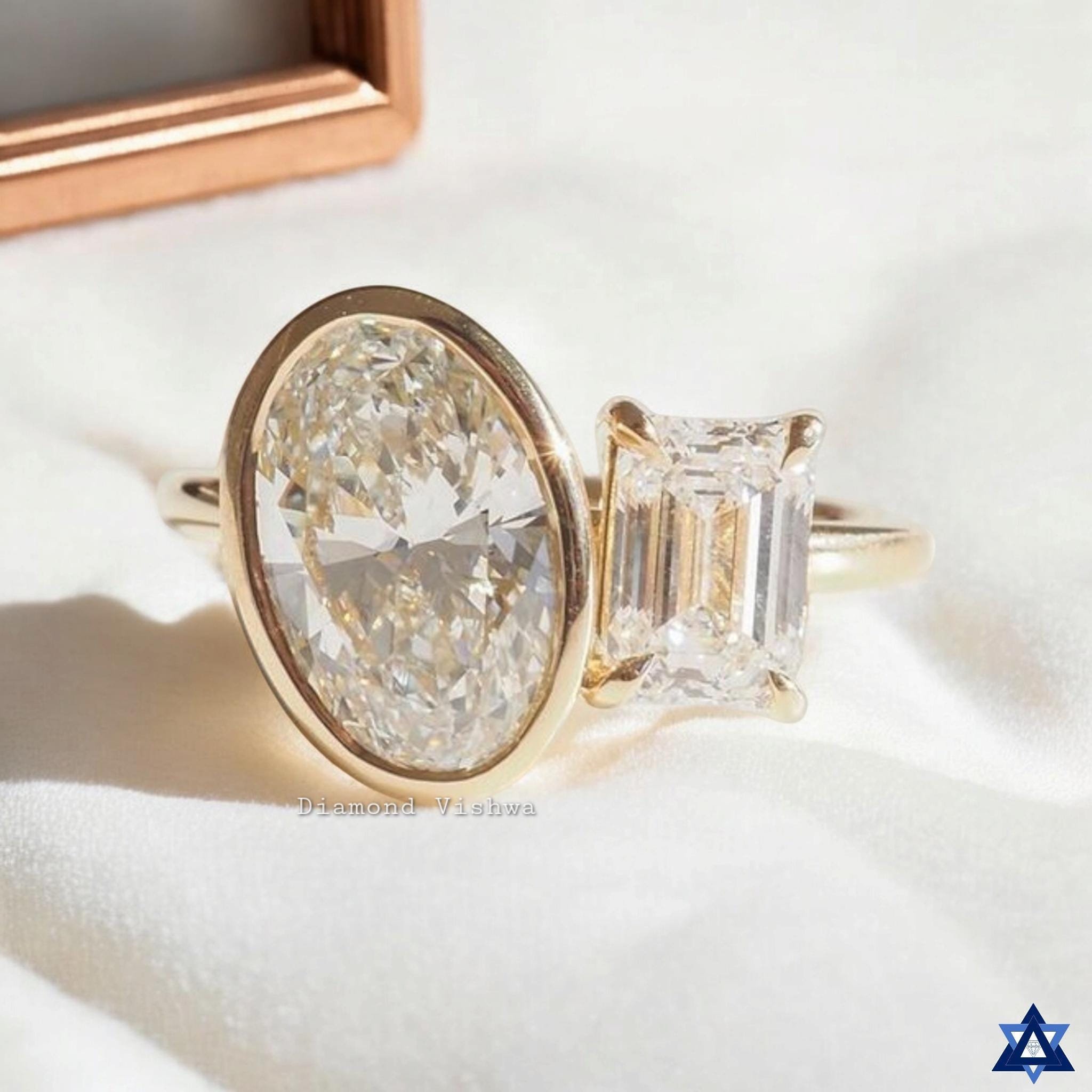 Toi Et Moi 2.96 TW Oval and Emerald Moissanite Two Stone Engagement Ring