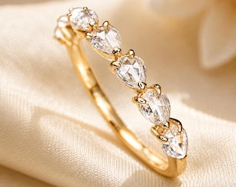 Pear Cut Moissanite Half Eternity Band | Solid Gold Wedding Engagement Ring