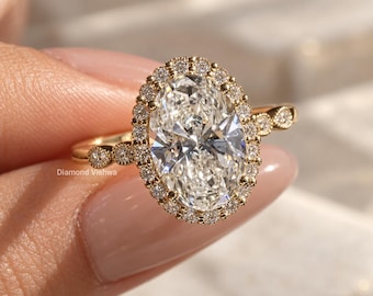3.5 CT Oval Lab Grown Diamond Engagement Ring, Vintage Halo Ring, 14K Gold