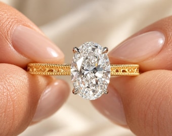 2.5 CT Oval Cut Lab Grown Diamond Engagement Ring, Vintage Filigree Hidden Halo Ring, 14K Yellow Gold