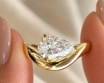 2.5 CT Pear Cut Moissanite Engagement Ring, Yellow Gold Bypass Ring, Pear Solitaire Ring, Hidden Halo Bridal Ring, Unique Engagement Ring