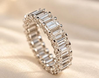 5 CTW Emerald Cut Lab Grown Diamond Eternity Band, Full Eternity Wedding Ring, 14K White Gold Diamond Anniversary Band, Pave Bridal Jewelry