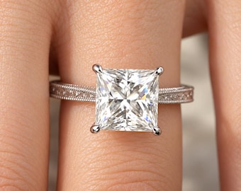 3 CT Princess Cut Moissanite Engagement Ring, Vintage Filigree Band, Hidden Halo, Four Prong Bridal Ring