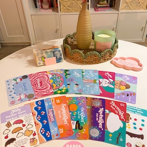 Puede incluir: Un conjunto de 12 hojas de pegatinas mensuales coloridas con un tema diferente para cada mes. Las hojas de pegatinas están diseñadas para ayudar a las personas a controlar sus gastos y ahorros. Las hojas de pegatinas están dispuestas en círculo sobre una mesa con un jarrón de flores y una vela en el fondo.