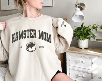 Custom Hamster Mom Name Print on Sleeve Sweatshirt, Personalized Hoodie with Pet Name, Mouse Mom Crewneck, Pet Parents Birthday Gift