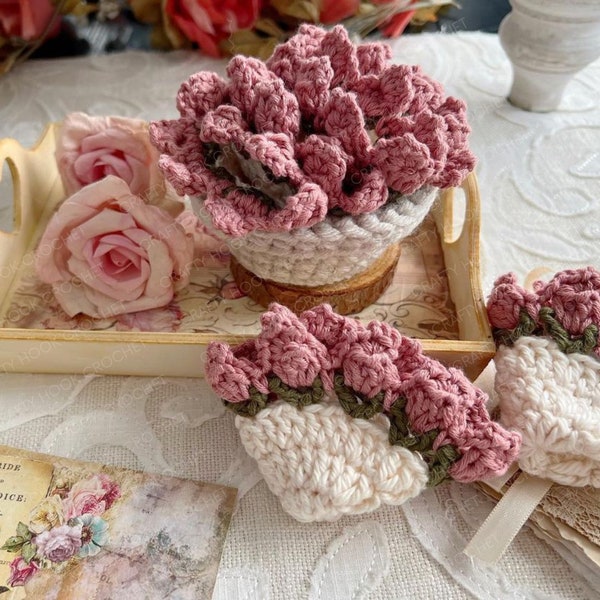 CROCHET PATTERN - Flower Pot Coaster Set Crochet Pattern Flower Bouquet Plant Coasters Instant Digital Download PDF Crochet Pattern