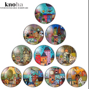 30mm Boho Bohemian Houses Cabochon, 10 Pack, Glass Dome Bezels, DIY Cabinet Knobs and Jewelry