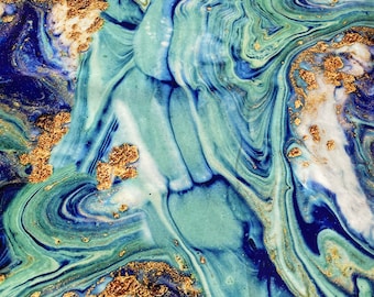 Golden Marble Silky Satin Fabric: Blue & Gold Dress Material