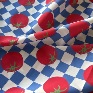 Tissu en popeline de polyester à carreaux tomates et blancs bleus par mètre