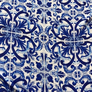 Majolica Blue Pattern Silky Satin Fabric: Exclusive Print