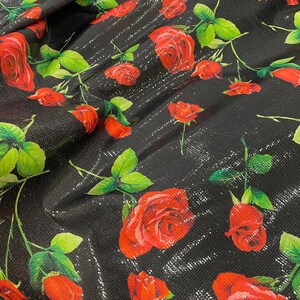 Sequin 2 way-Lycra Fabric - Balck-Red Rose Patterned Shiny Evening Dress Fabric in Vivid Colors -