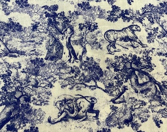 Tessuto di lino Toile de Jouy blu tagliato su misura - Tessuto Tiger Design