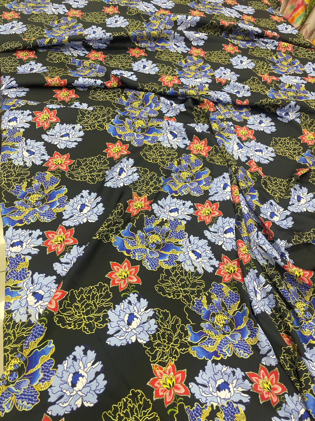 Pre-Cut Satin Floral Print Fabric By Yard | Ready To Ship | Mahogany Bouquet
