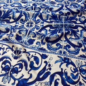 Majolica Blue Pattern Silky Satin Fabric& Exclusive Pattern -Printed on the desired fabric (Linen -Satin-crepe-Chiffon-Sequin-Velvet)