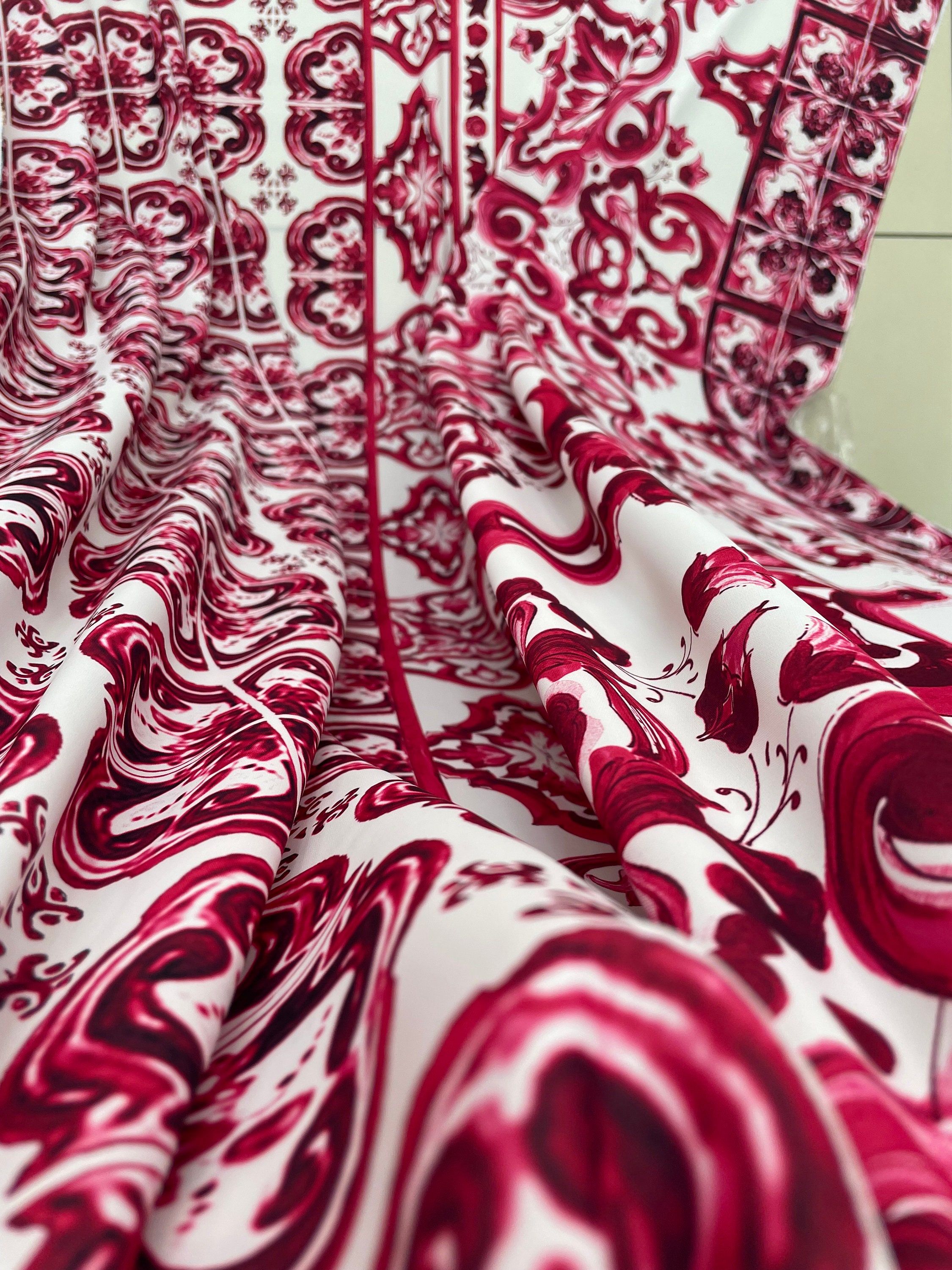 Majolica Red Crepe Fabrichigh Quality Digital Print possibility to
