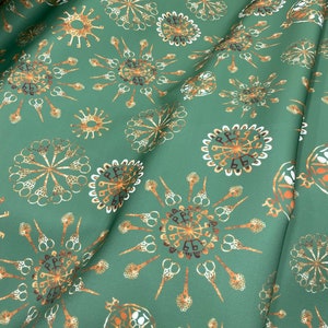 Mandala Fabric- Green Gold Crepe Fabric - It is a suitable fabric for Shirt-Dress-Skirt-Kimono-Pants Pajamas-lr