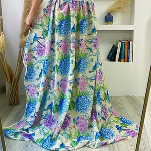 Floral Linen Fabric: Bird, Butterfly & Hydrangea Print