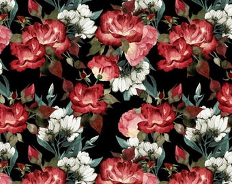 Pode incluir: Um padrão sem costura com ilustrações de aquarela de rosas vermelhas e brancas com folhas verdes sobre um fundo preto.