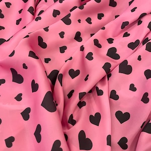 Pink Silk Satin Fabric: Black Heart Pattern (1.64 Yards Wide)