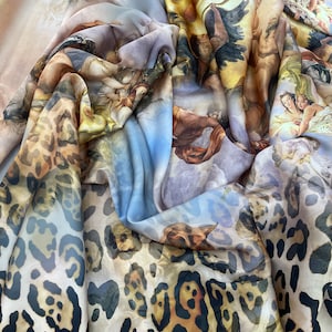 Leopar mix Angel Renaissance Antique Pattern Silky Satin Fabric- Dress-Pants-Skirt-Pyjamas-Even it is used in home textiles.
