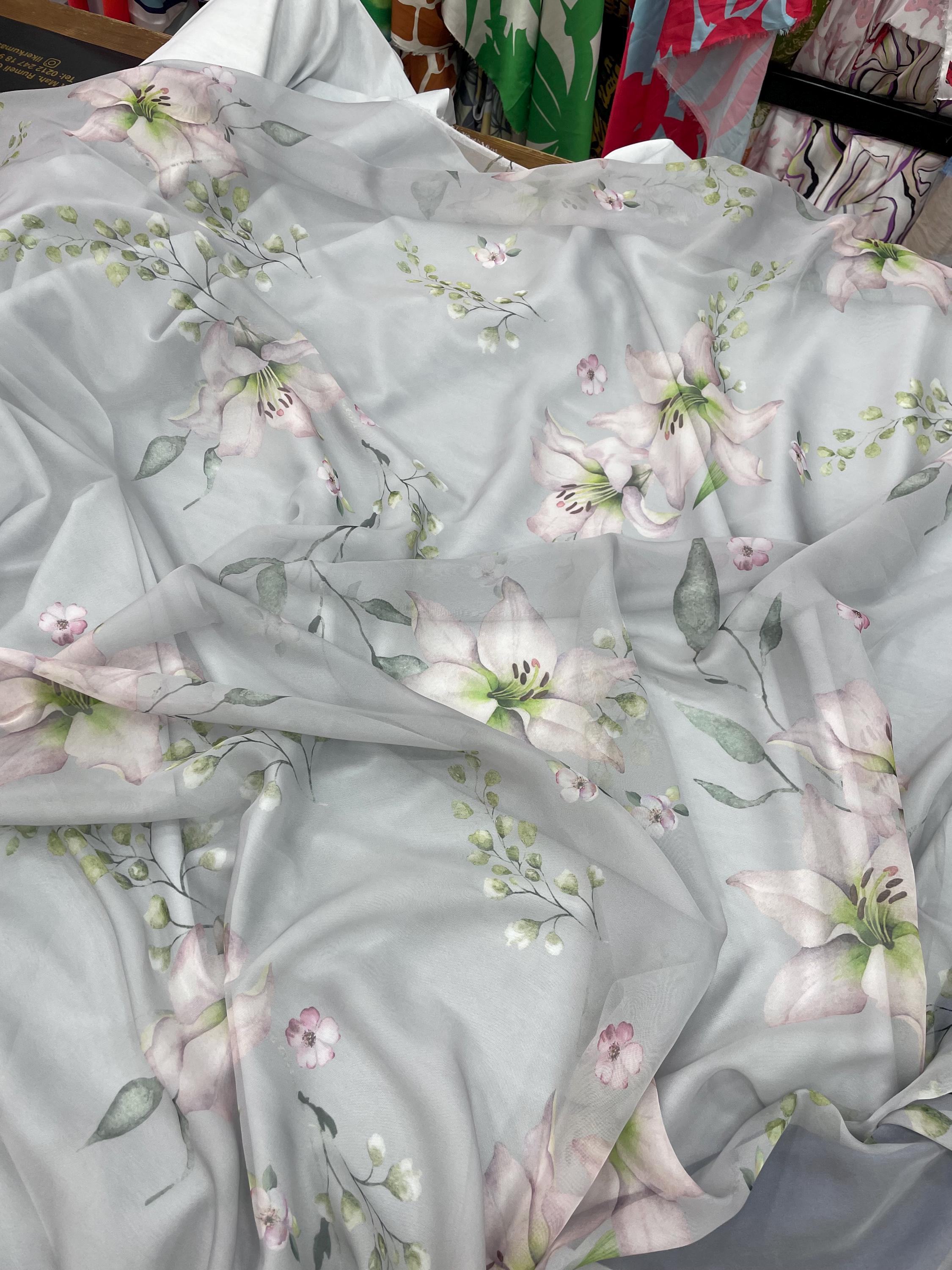 Chefon Pattern Pink Lilies Pattern Silky Chiffon Fabric -dress Fabrics- per Yard ...