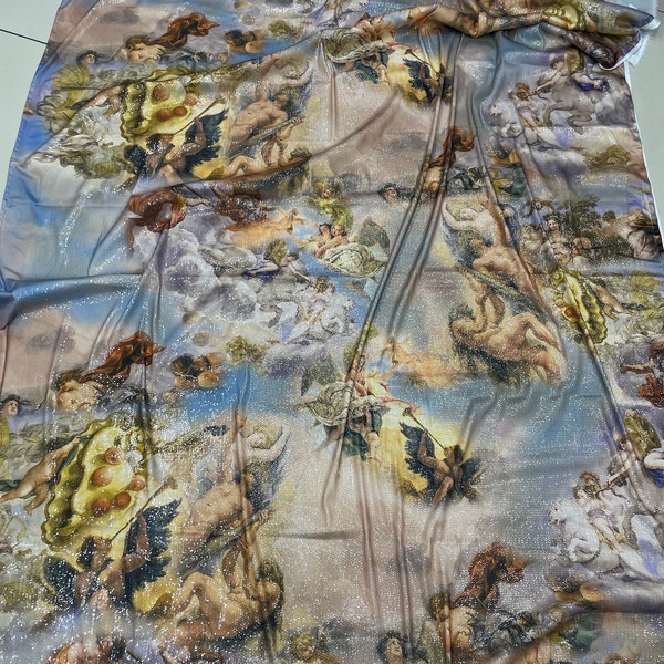 Sequin Lycra Fabric - Renaissance Painting Angel Pattern-lr