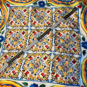 Majolica Sicilian Panel Pattern Silky Satin Fabric-Digital print is made on the desired fabric type.