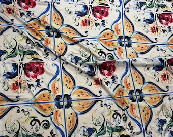 Majolica Tile Pattern Silky Satin Fabric: Exclusive Floral Print