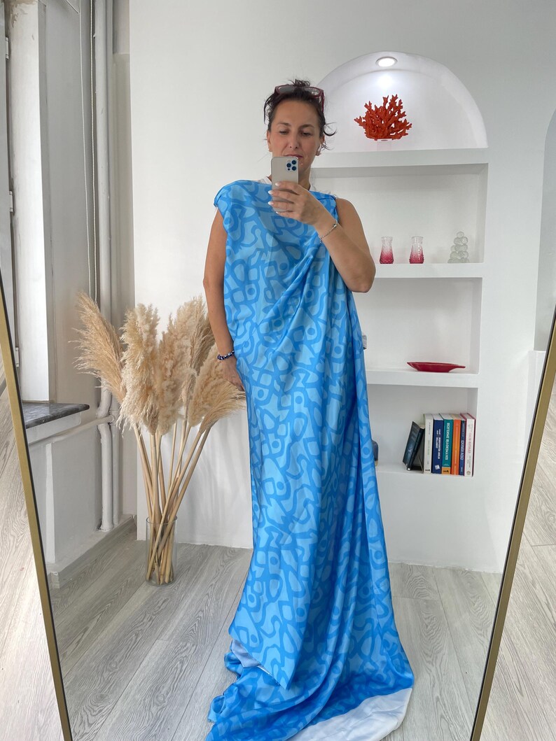 Blue Silky Satin Fabricgeometric Designany Printing Can Be Done on